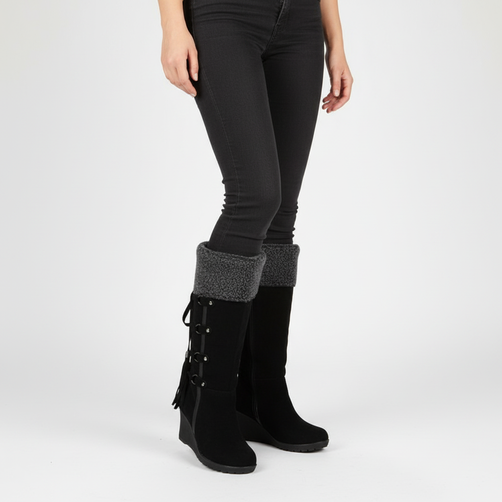Close-up of the plush lining inside 'Elena' women's warm winter wedge boots.