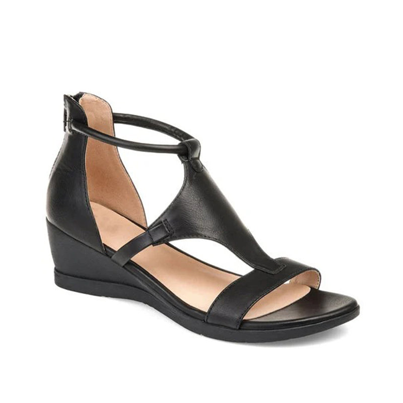 Comfortable women's elevated heel sandals featuring a secure, adjustable ankle strap for all-day wear.