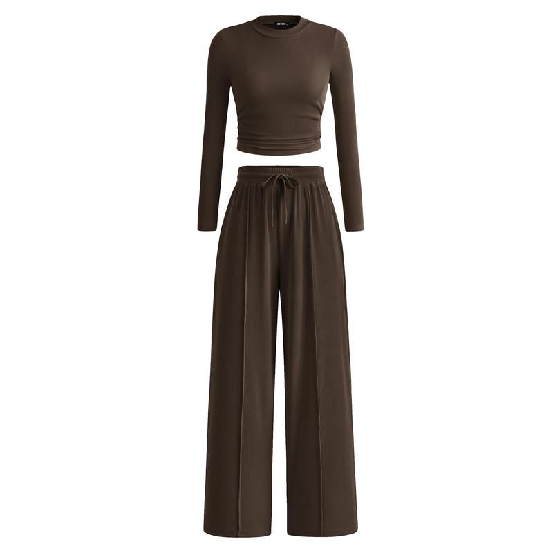 Luxurious modal blend Elia Lounge Set. Soft, comfortable two-piece outfit with wide leg pants & long sleeve top.