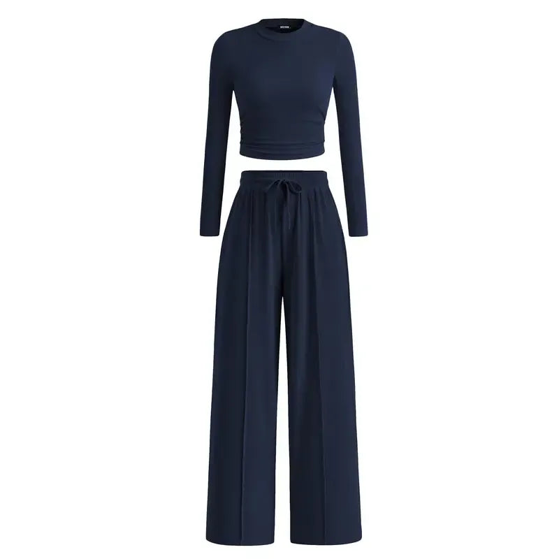Stylish Elia wide-leg lounge pants & long-sleeve top. Women's two-piece modal blend for relaxed comfort.