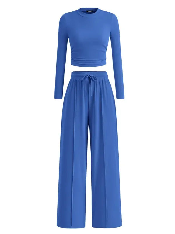 Comfortable Elia long-sleeve lounge top & matching wide-leg pants. Women's modal blend two-piece set.