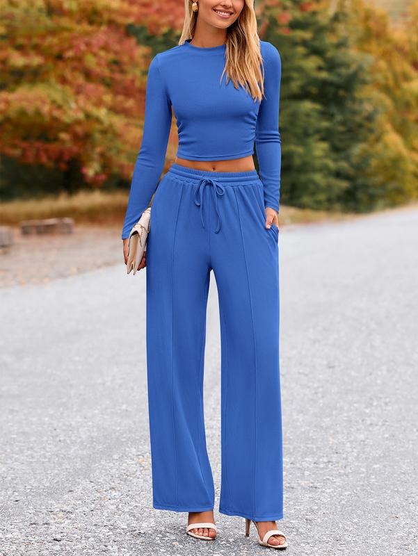 Cozy Elia women's lounge set. Stylish two-piece modal blend with wide-leg pants & long-sleeve top for ultimate comfort.