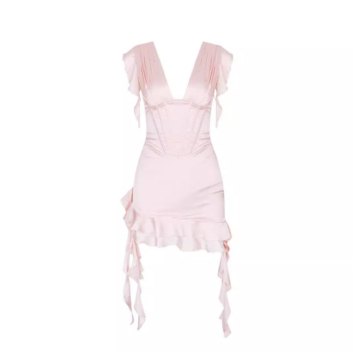 Feminine asymmetrical V-neck ruffled dress. Flattering women's cocktail or evening dress for special events.
