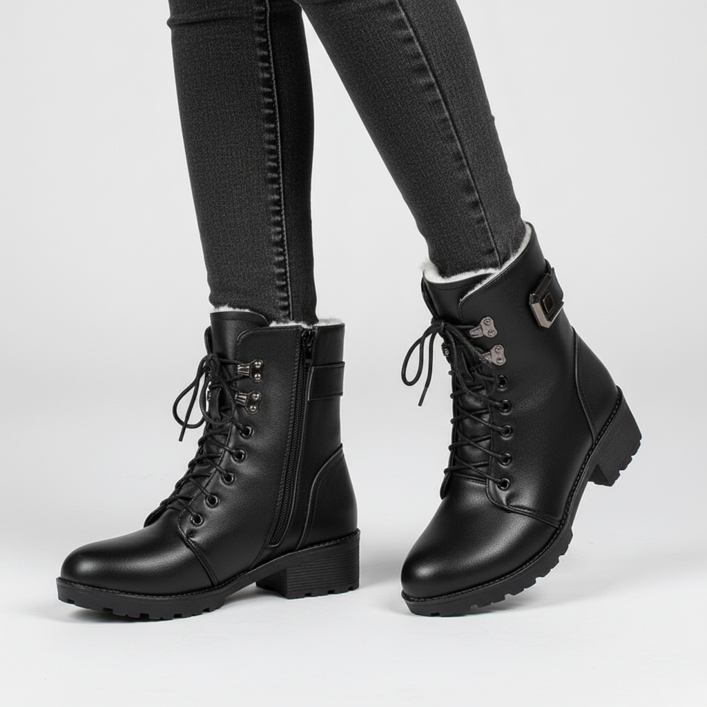 Stylish women's Elisa winter boots, wool-lined for warmth, with black PU leather finish