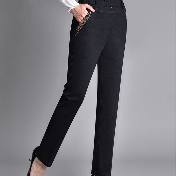Stretch denim push-up jeans for women, straight leg, ensures flattering fit & all-season comfort.