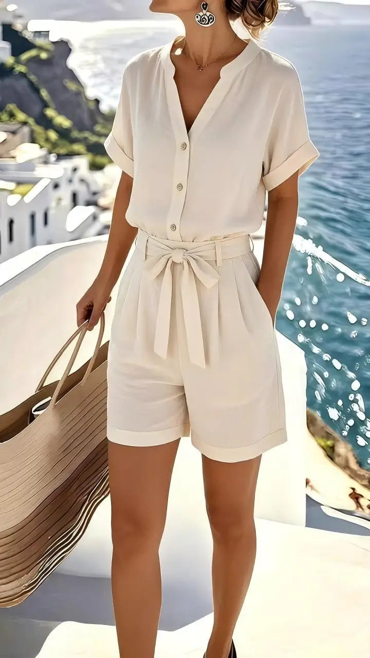Women's Elowen tie-front romper, perfect for effortless summer style & casual wear. Relaxed fit vacation playsuit.
