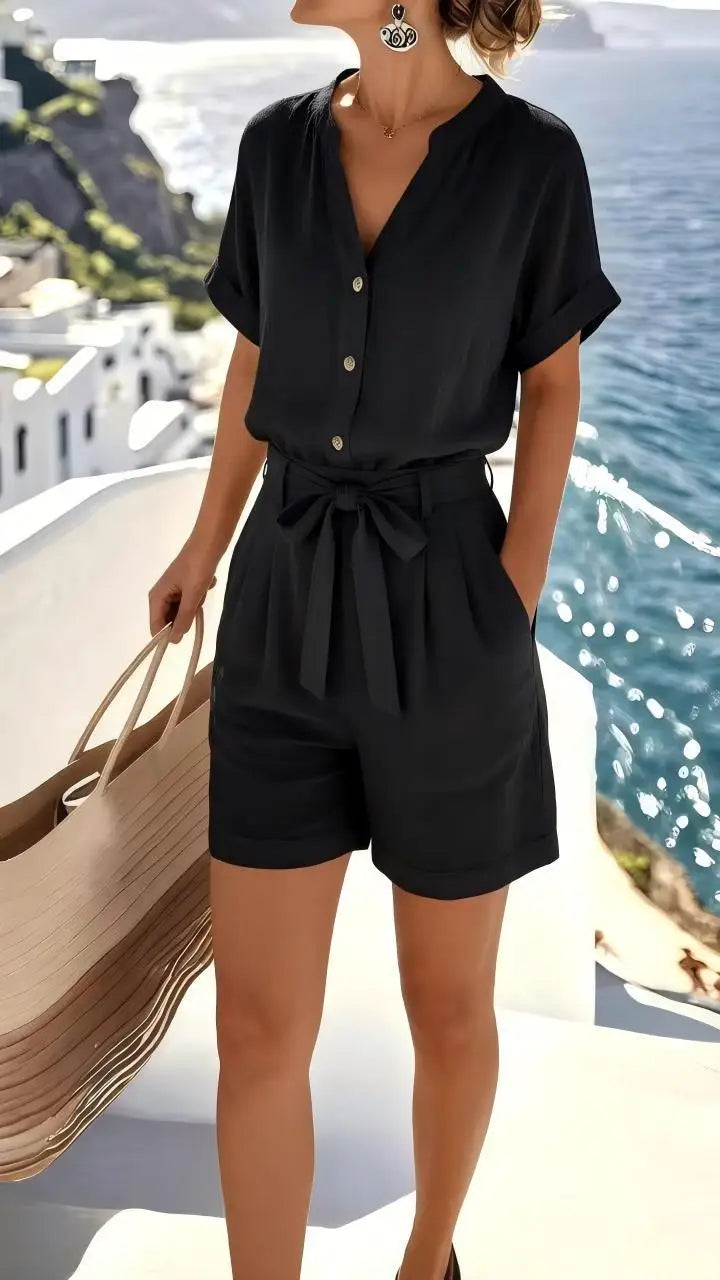 Elowen tie-front romper for women, a stylish casual wear choice & comfy summer playsuit. Relaxed fit.