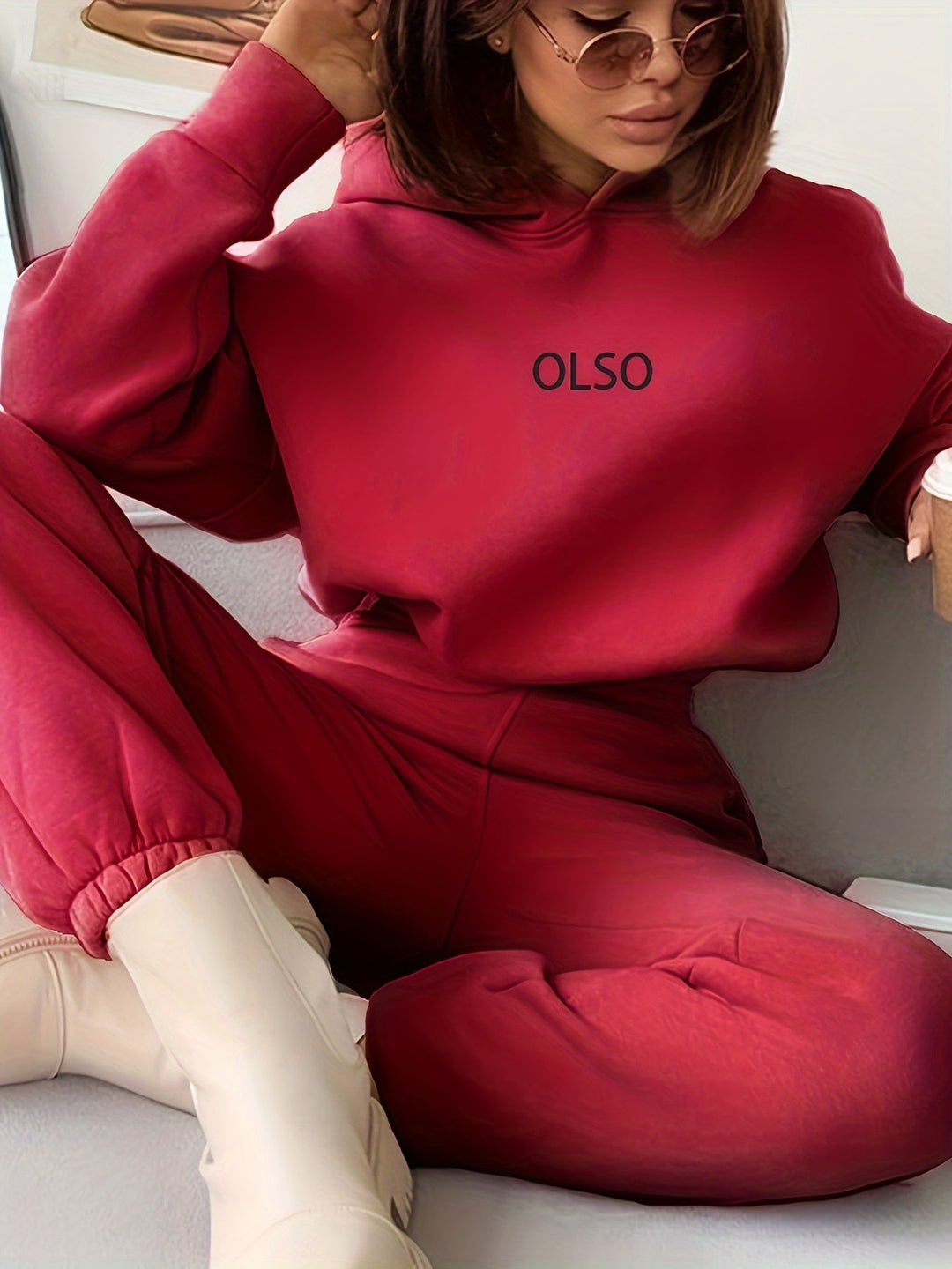 Soft women's loungewear set by Elvira, features casual letter print, hooded top & relaxed fit pants.