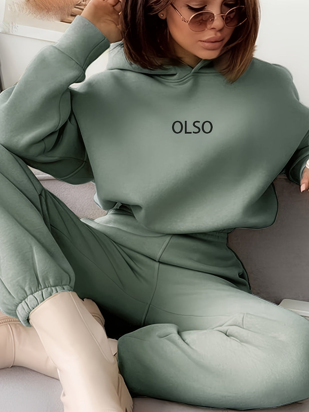 Everyday fashion women's casual set, Elvira letter print hooded top & soft comfy pants, relaxed fit.