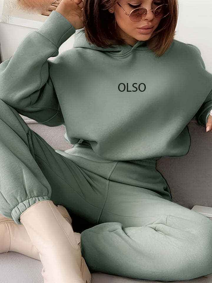 Everyday fashion women's casual set, Elvira letter print hooded top & soft comfy pants, relaxed fit.