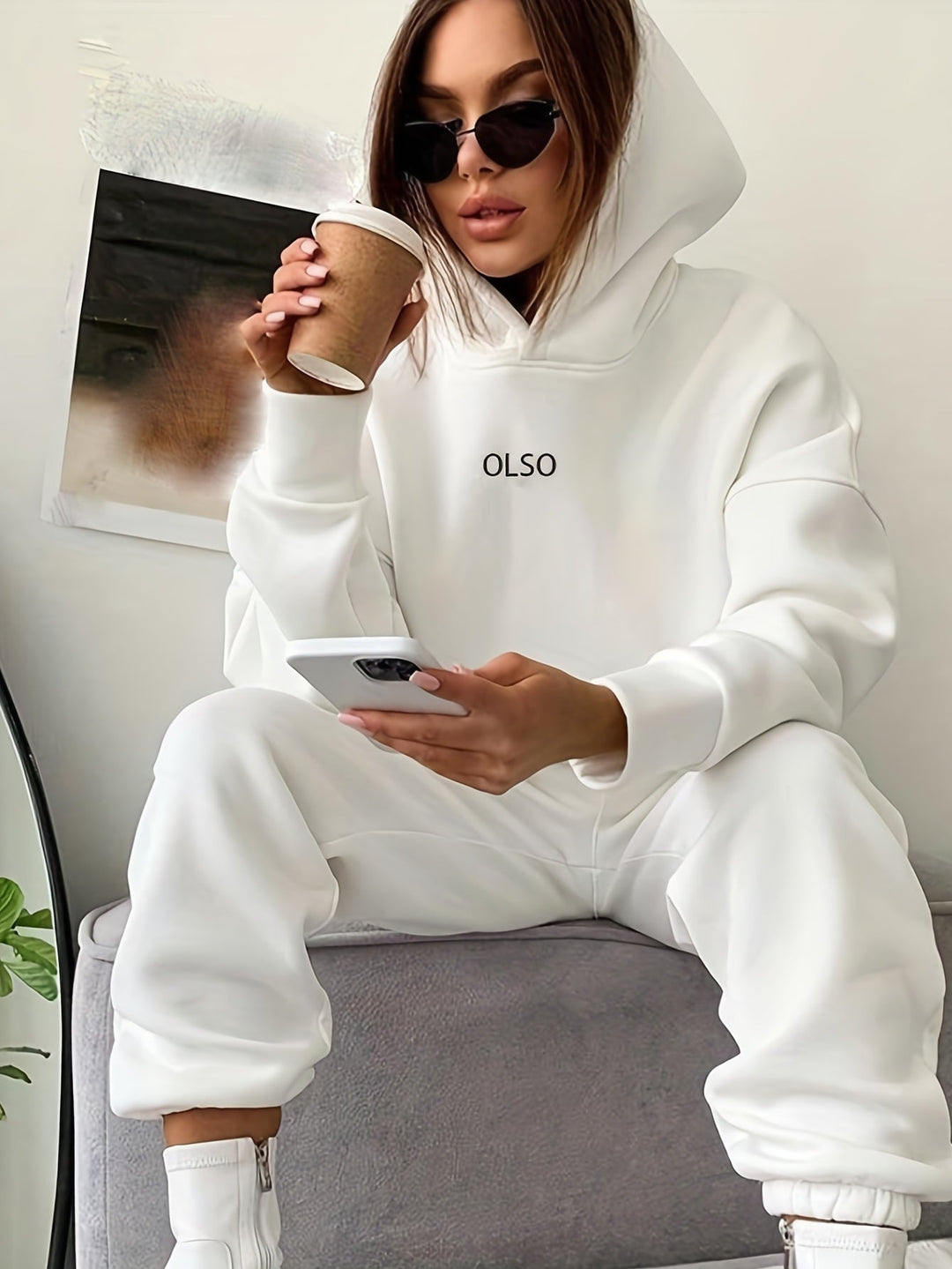 Stylish women's Elvira two-piece set: letter print hooded sweatshirt and matching comfy, relaxed-fit pants.