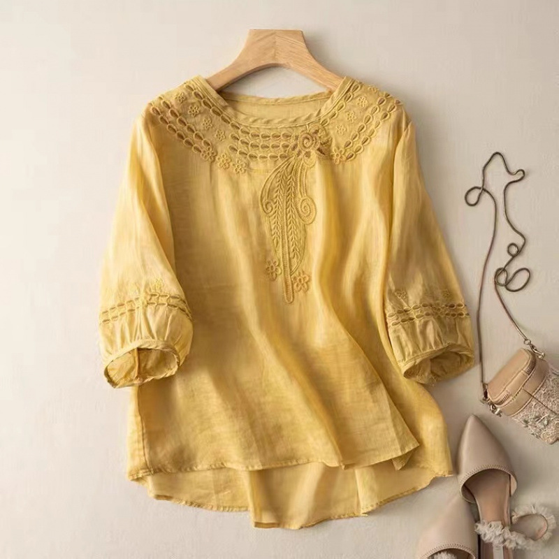 Women's embroidered flowy blouse, an elegant comfort top for summer fashion & spring style. Relaxed fit long sleeve.