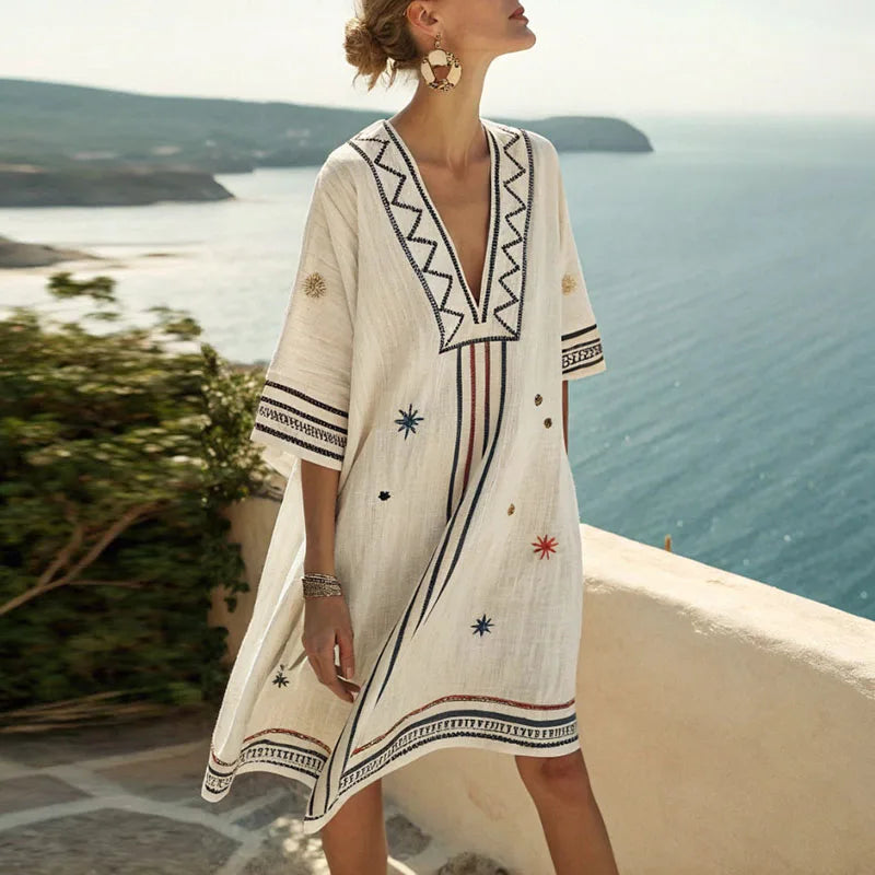 Women's embroidered kimono V-neck beach dress. Bohemian summer tunic, perfect for resort wear & vacation.