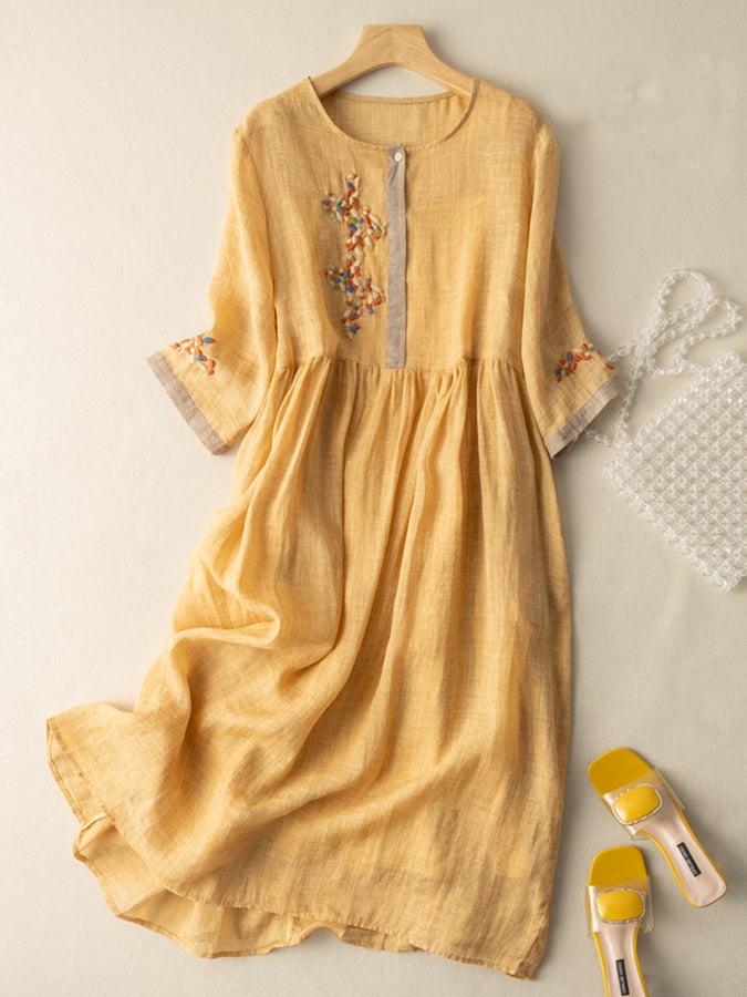 Women's embroidered loose fit dress with mid-sleeves & round neck. Perfect casual boho summer wear.