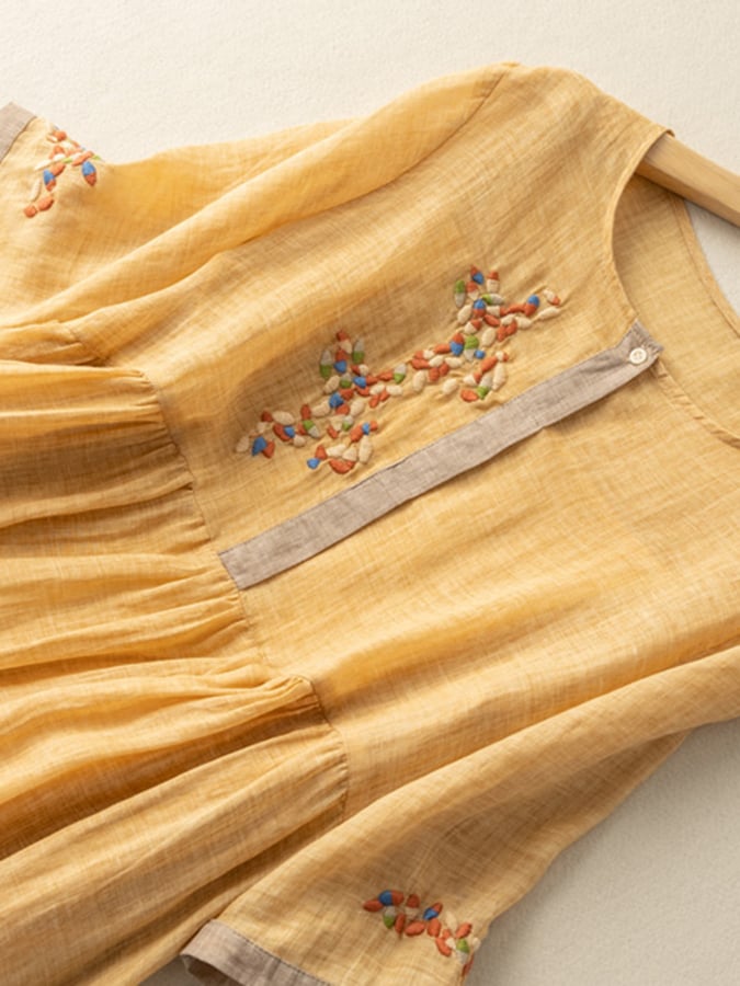 Close-up of elegant embroidery detail on a women's loose fit casual dress for summer comfort.