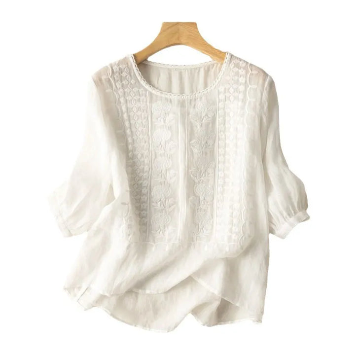 Women's embroidered puff sleeve blouse, elegant floral design, flowy and stylish for casual wear.