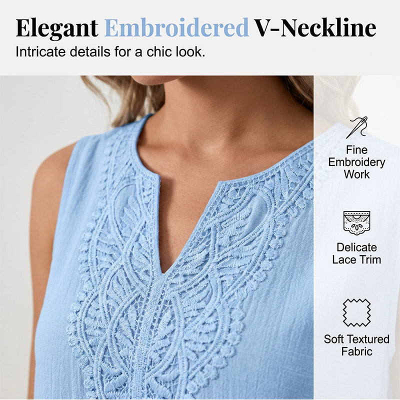 Comfortable women's sleeveless V-neck midi dress with beautiful embroidery, ideal for daily wear.
