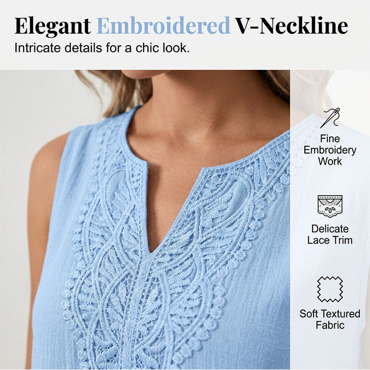 Comfortable women's sleeveless V-neck midi dress with beautiful embroidery, ideal for daily wear.