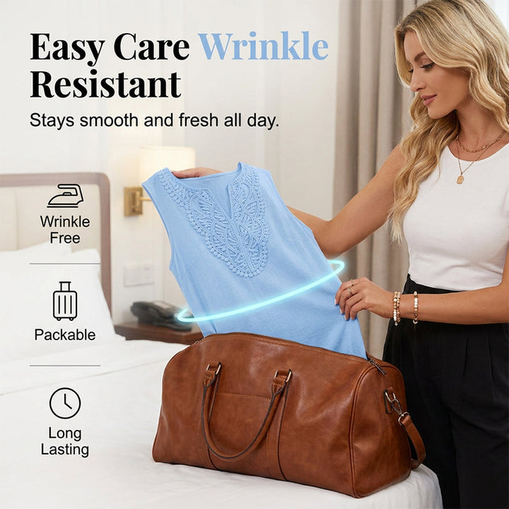 Casual women's embroidered sleeveless V-neck dress, a flowing midi style for warm summer days.