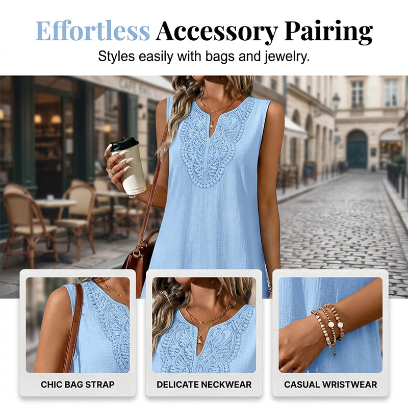 Women's V-neck sleeveless midi dress with intricate embroidery, a chic and comfortable summer piece.