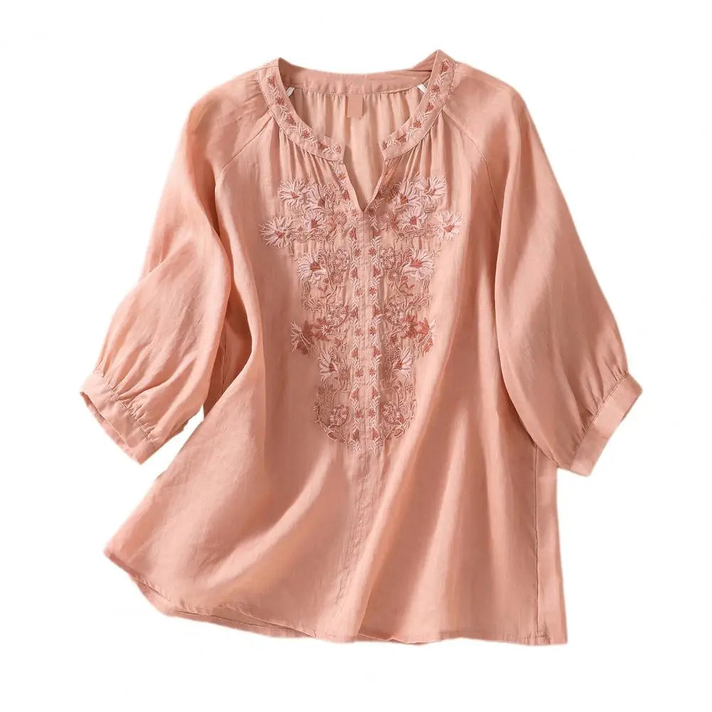 Ladies' casual summer blouse, cotton with intricate floral embroidery, loose fit for ultimate comfort & style.