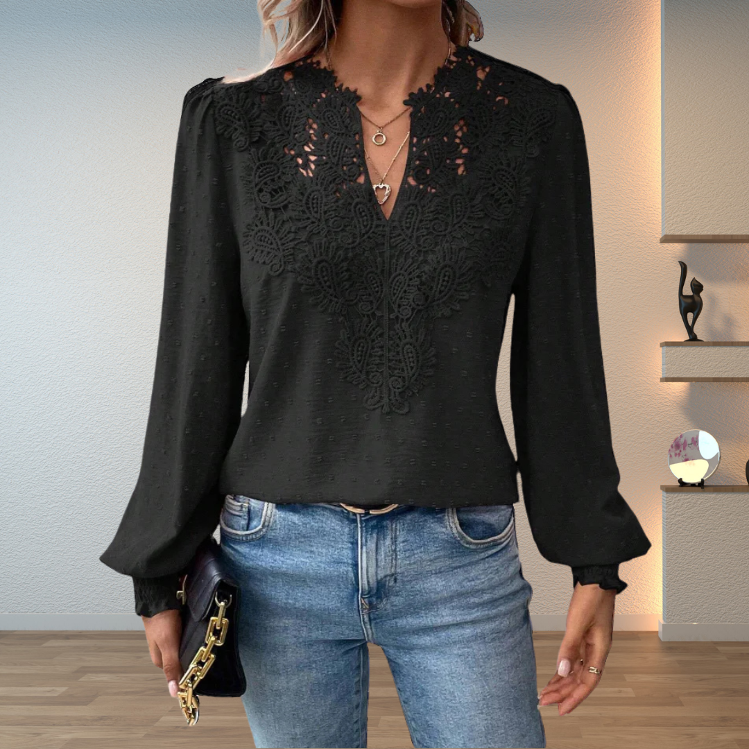 Versatile women's V-neck blouse with elegant floral embroidery and long sleeves.