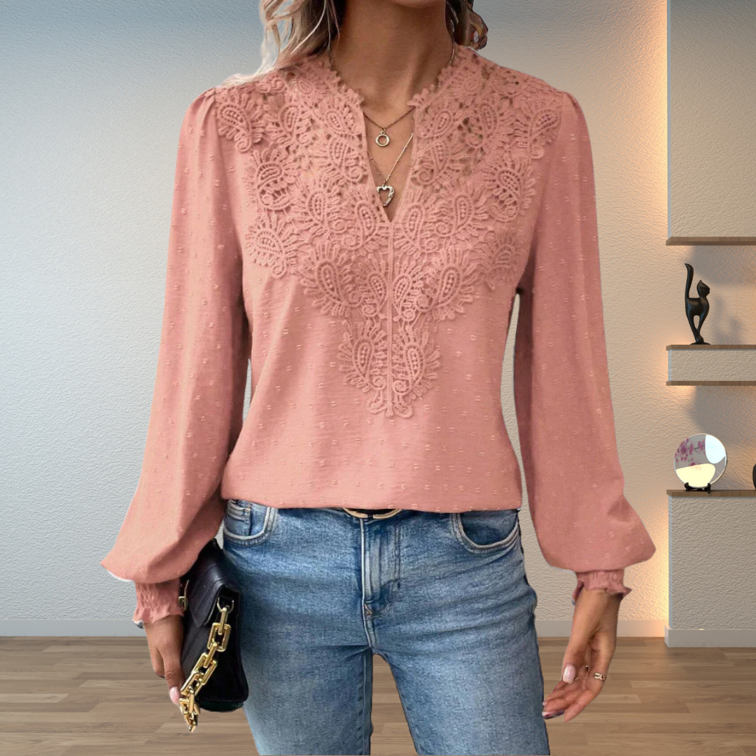Women's embroidered long sleeve blouse, V-neck cut, suitable for casual chic & sophisticated styles.