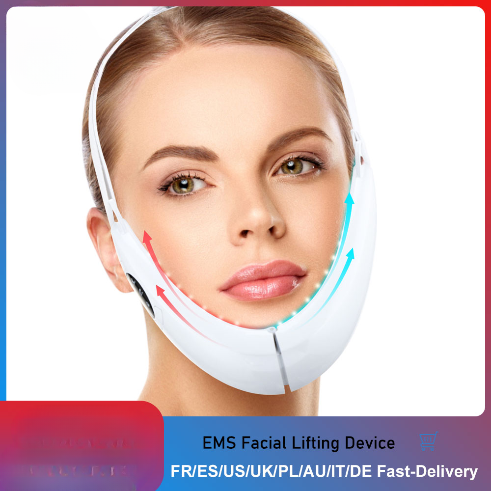 Handheld EMS facial sculpting device with red LED light, promoting anti-aging and skin firming