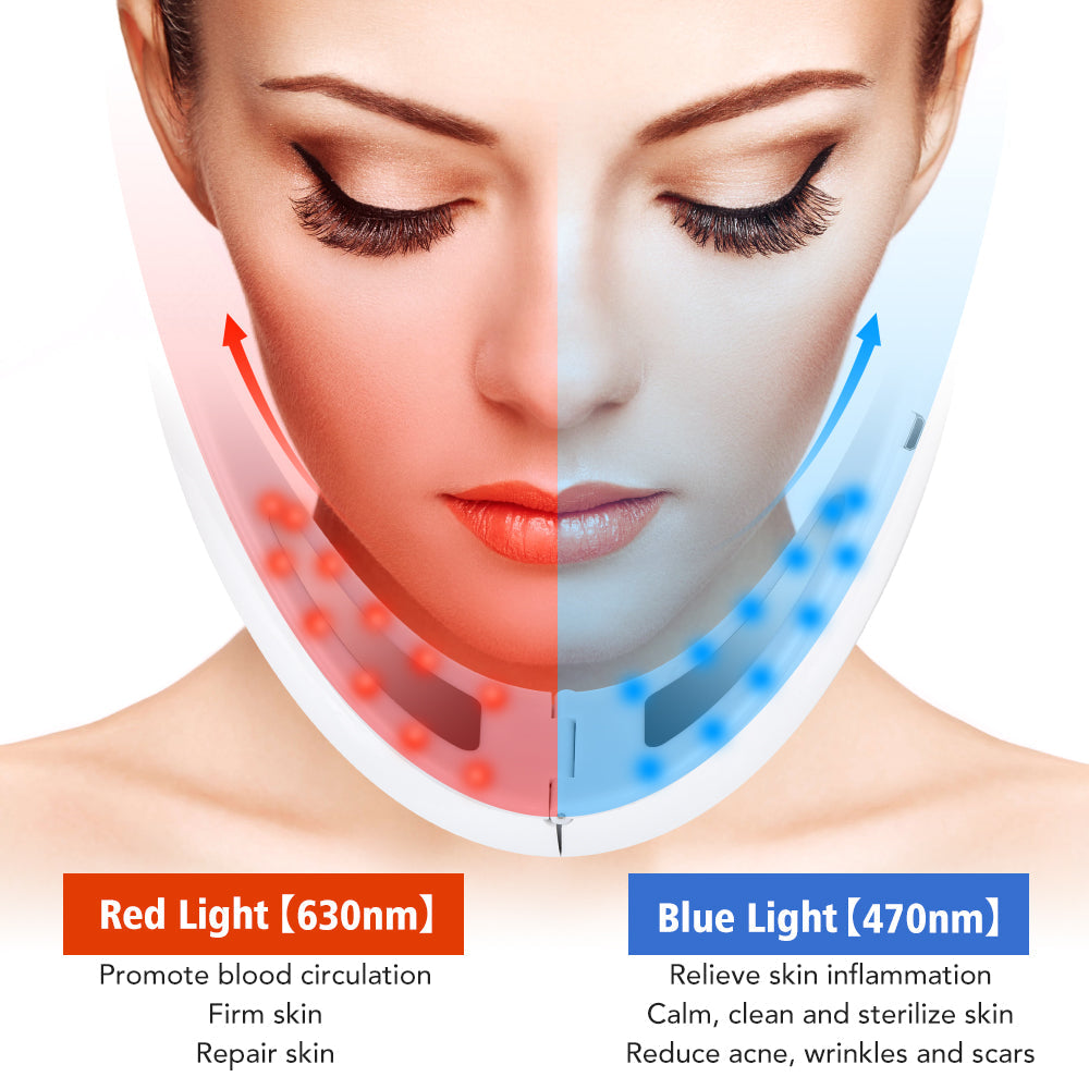 Before and after, showing results of EMS anti-aging facial device with LED therapy for firming
