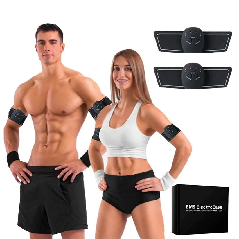 Woman using wireless EMS hip & thigh shaper for at-home muscle toning and body sculpting.
