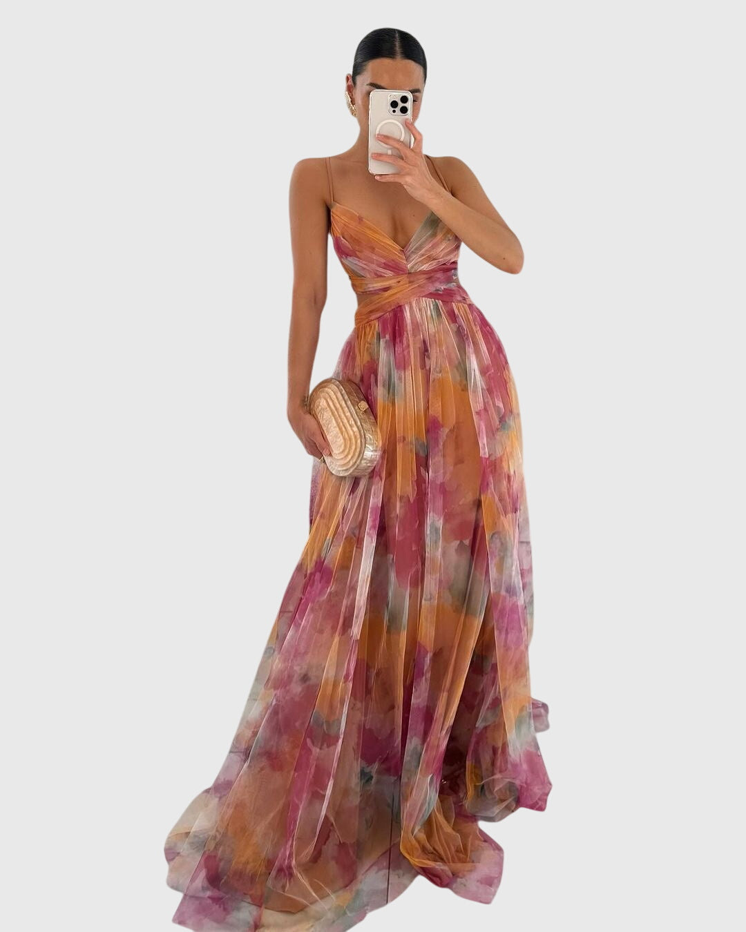 Women's Enchanting Floral Maxi Dress with V-neck and adjustable straps, perfect for summer beachwear.