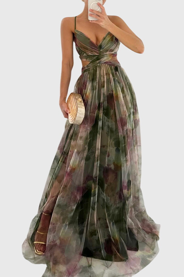 Women's flowy V-neck floral maxi dress with adjustable straps, ideal for elegant spring events.