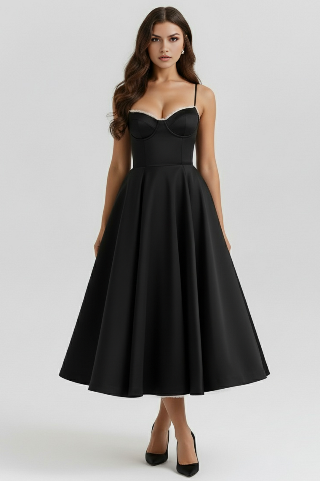 Graceful women's midi dress. Chic design, ideal for spring/summer parties, elegant celebrations, or event wear.