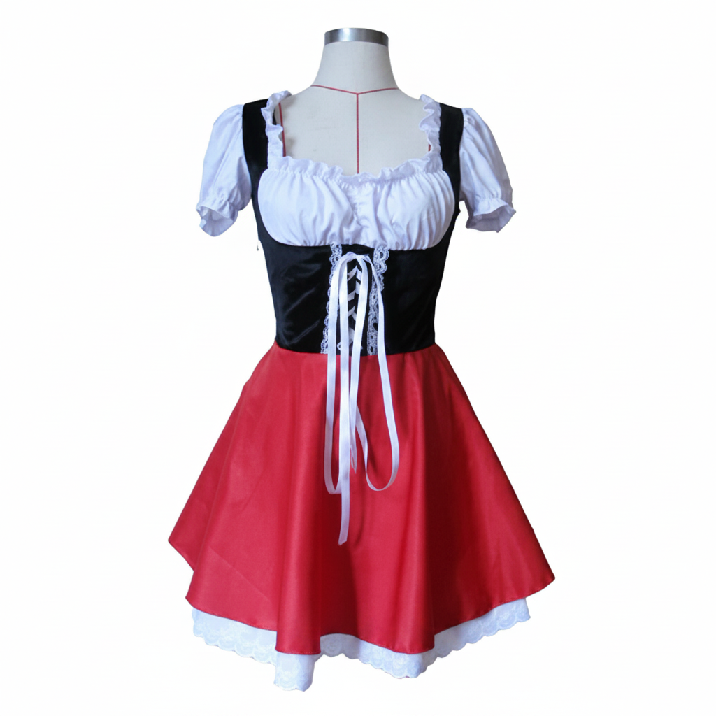 Adult fantasy Red Riding Hood costume; storybook character hooded dress for women's themed party or cosplay.