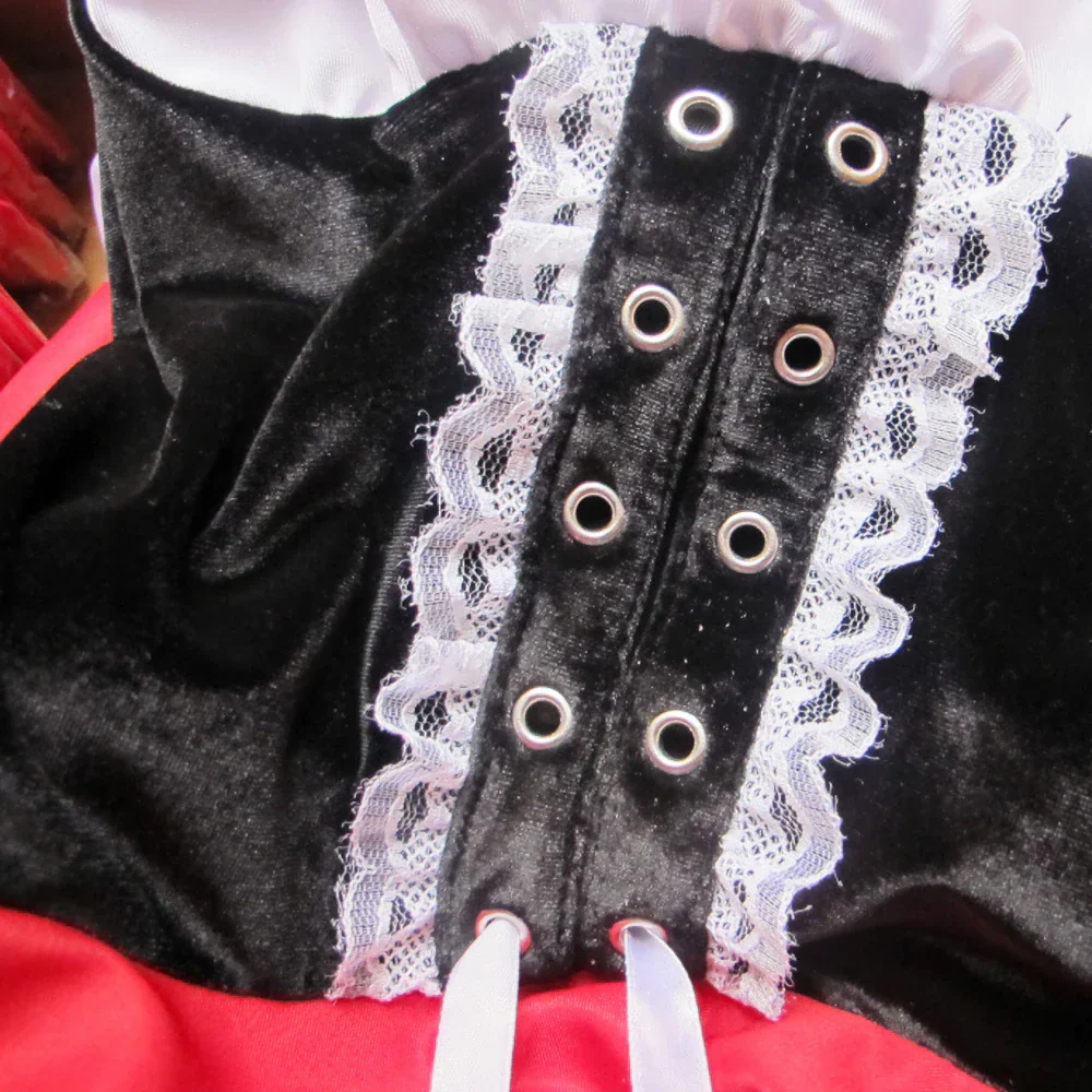 Women's Little Red Riding Hood fantasy costume with hooded dress, ideal for Halloween, dress-up, & themed parties.