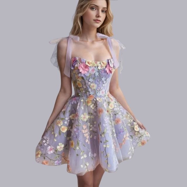 Women's enchanting rose tulle cocktail dress with delicate floral appliqués. Perfect for special evenings.
