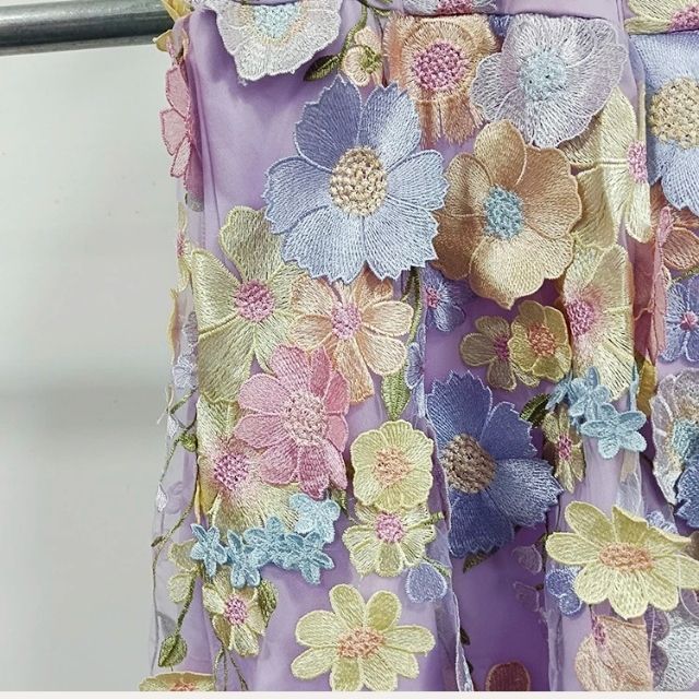 Women's stunning pink floral appliqué dress. Tulle fabric, perfect for special occasion parties.