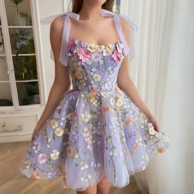 Elegant women's flared party dress. Rosalie tulle with intricate floral appliqués. Evening wear.