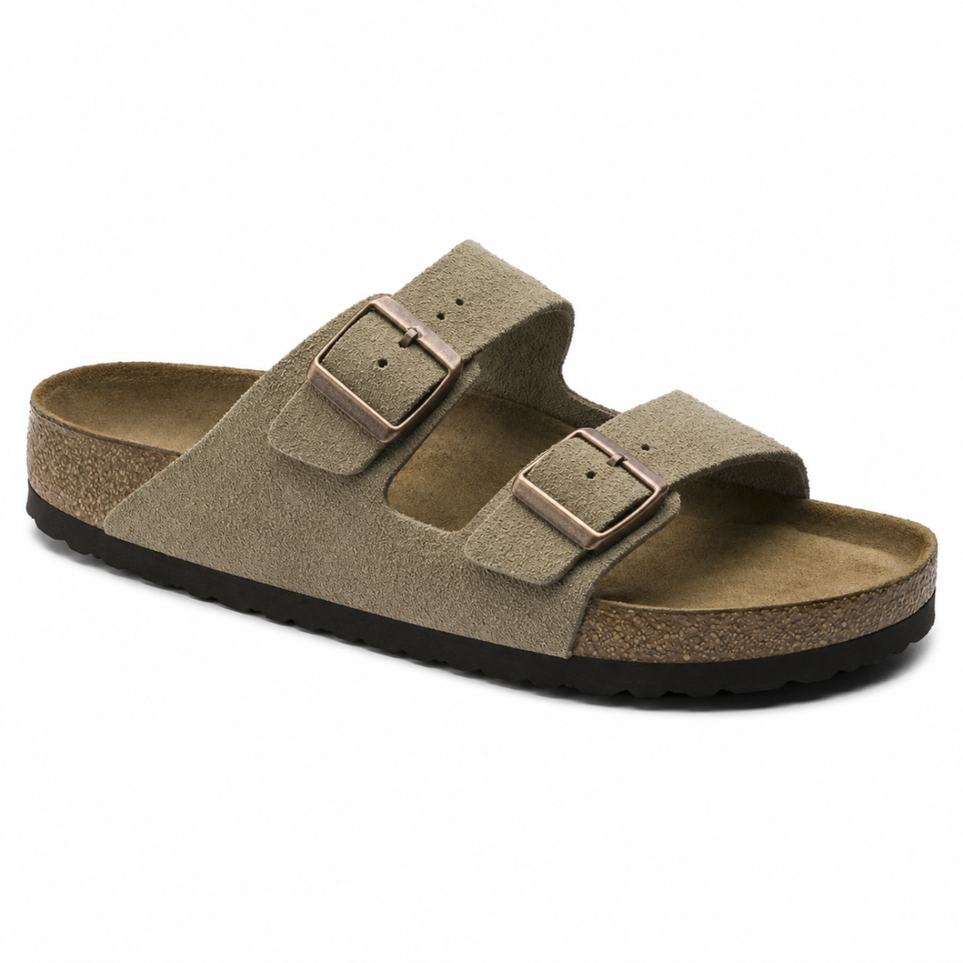 Women's ergonomic taupe casual sandals with adjustable straps, perfect for summer comfort & everyday wear.