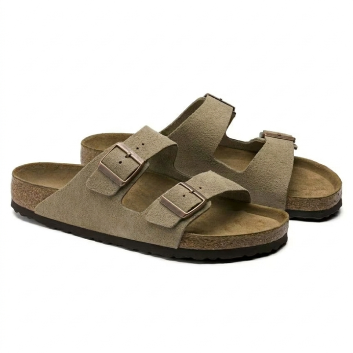 Ergonomic taupe women's sandals, comfortable casual footwear with adjustable straps for summer & everyday.