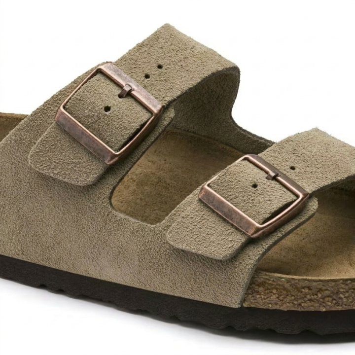 Women's taupe casual sandals with ergonomic support, adjustable for comfortable summer walking & everyday use.