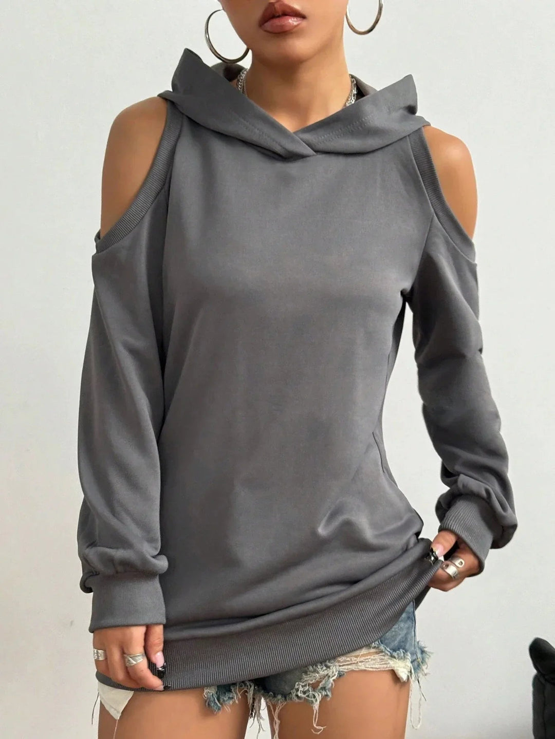 Women's Essentia Off-Shoulder Hoodie, a chic & comfortable long sleeve top for casual, modern style.