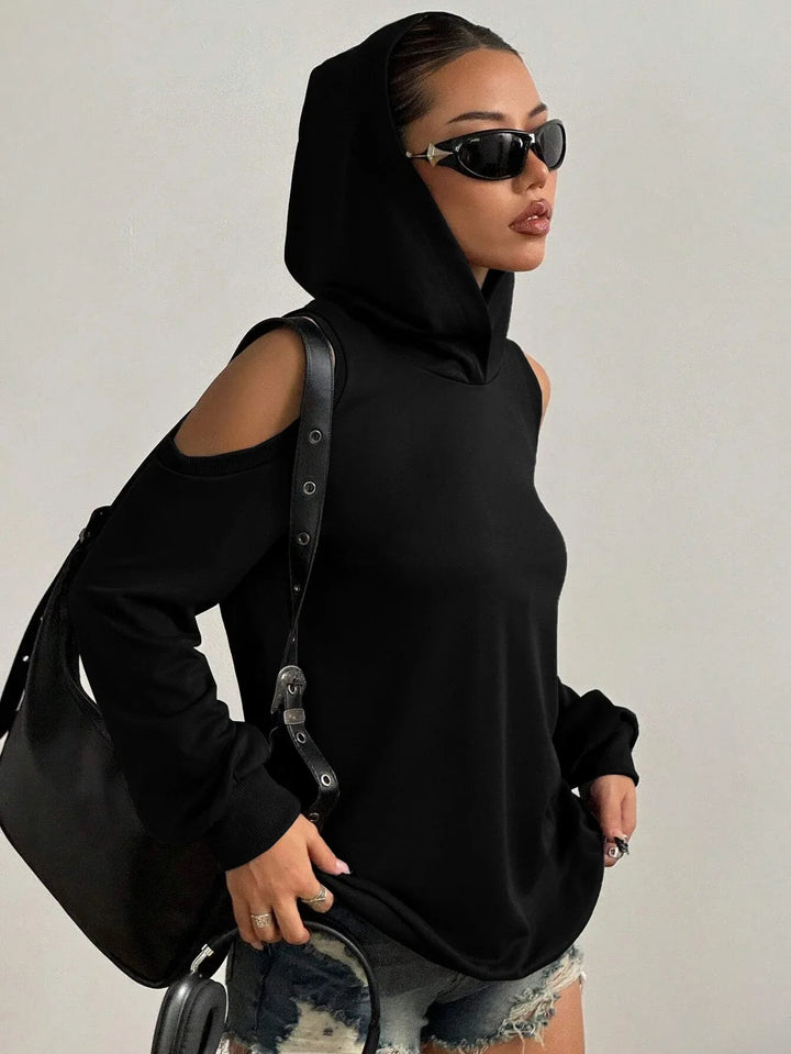 Relaxed fit long sleeve off-shoulder top, women's Essentia hoodie for comfortable and modern casual wear.