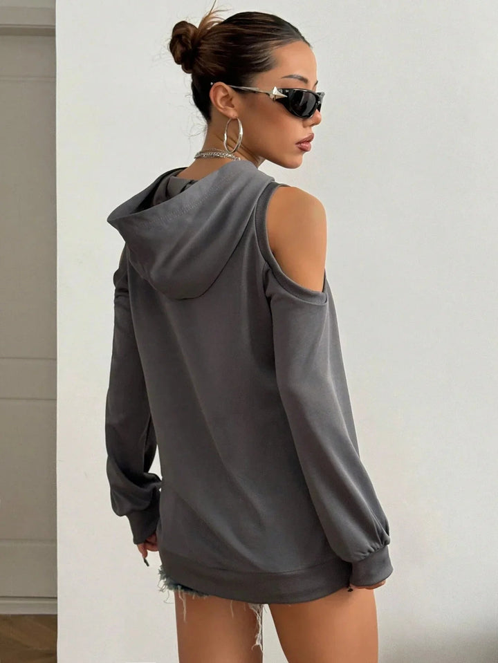 Relaxed fit Essentia Off-Shoulder Hoodie for women, offering comfortable & stylish everyday casual wear.