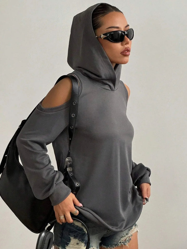 Essentia women's off-shoulder long sleeve hoodie, a versatile casual top for modern fall & spring style.