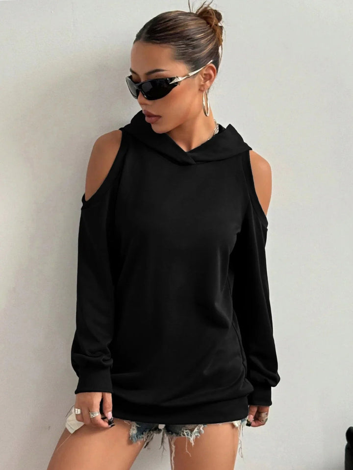 Trendy women's off-shoulder hoodie, a modern long sleeve top for chic fall fashion & spring style.