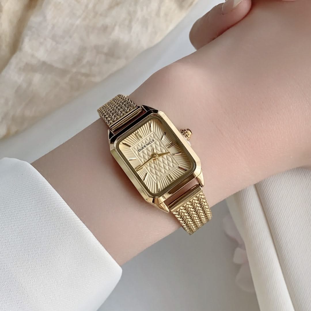 Brushed stainless steel finish of the Estella women's elegant wristwatch, highlighting its quality.