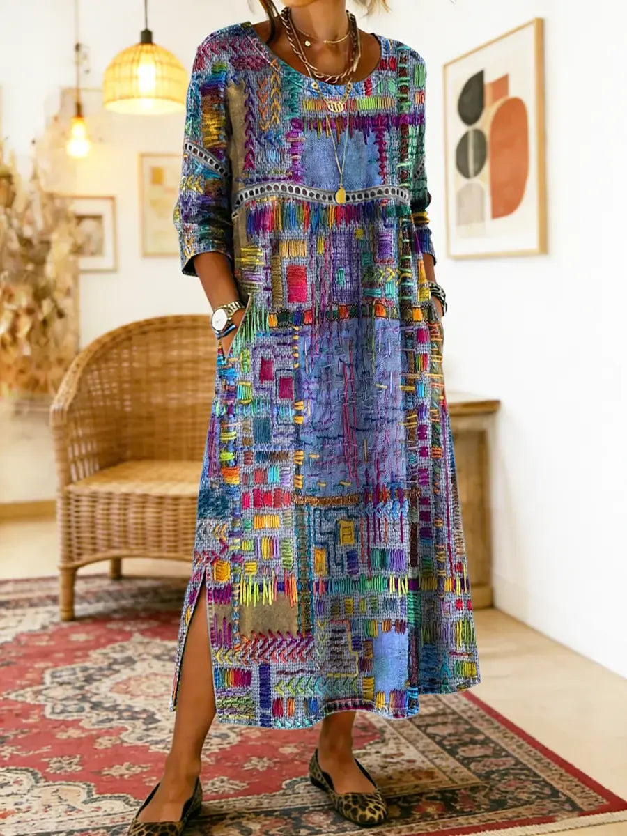 Women's ethnic patchwork denim dress, boho chic style, relaxed fit for summer casual wear.