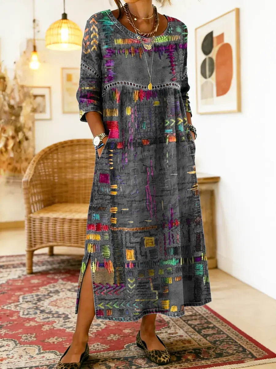 Ethnic patchwork denim dress for women, boho chic, versatile & relaxed fit for summer.