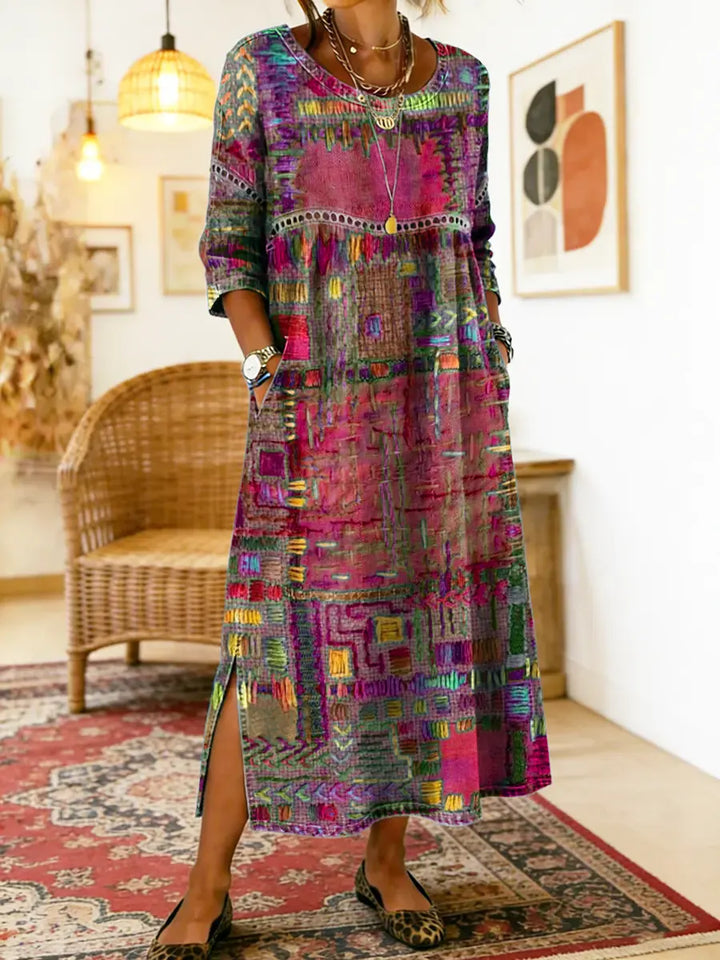 Women's bohemian patchwork denim dress, ethnic patterns, lace trim, great for casual summer outfits.